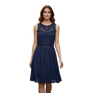 Naf Naf Sleeveless Fit & Flare Dress Women's Size 38 (S) Navy Blue Mesh Cutouts